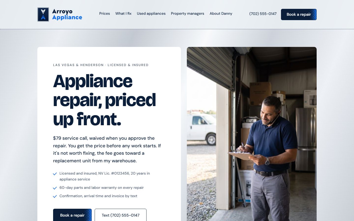 The Arroyo Appliance website homepage